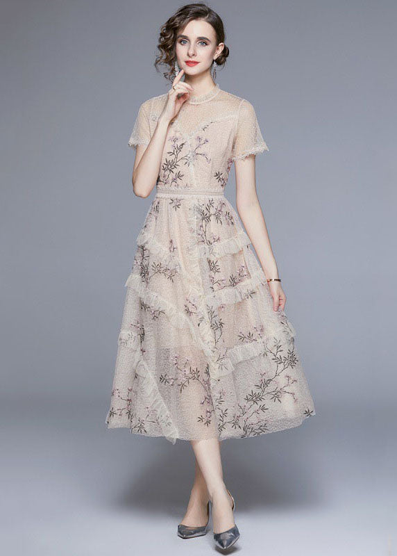 New Apricot Embroideried Ruffled Patchwork Tulle Dress Summer