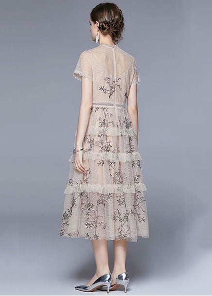 New Apricot Embroideried Ruffled Patchwork Tulle Dress Summer