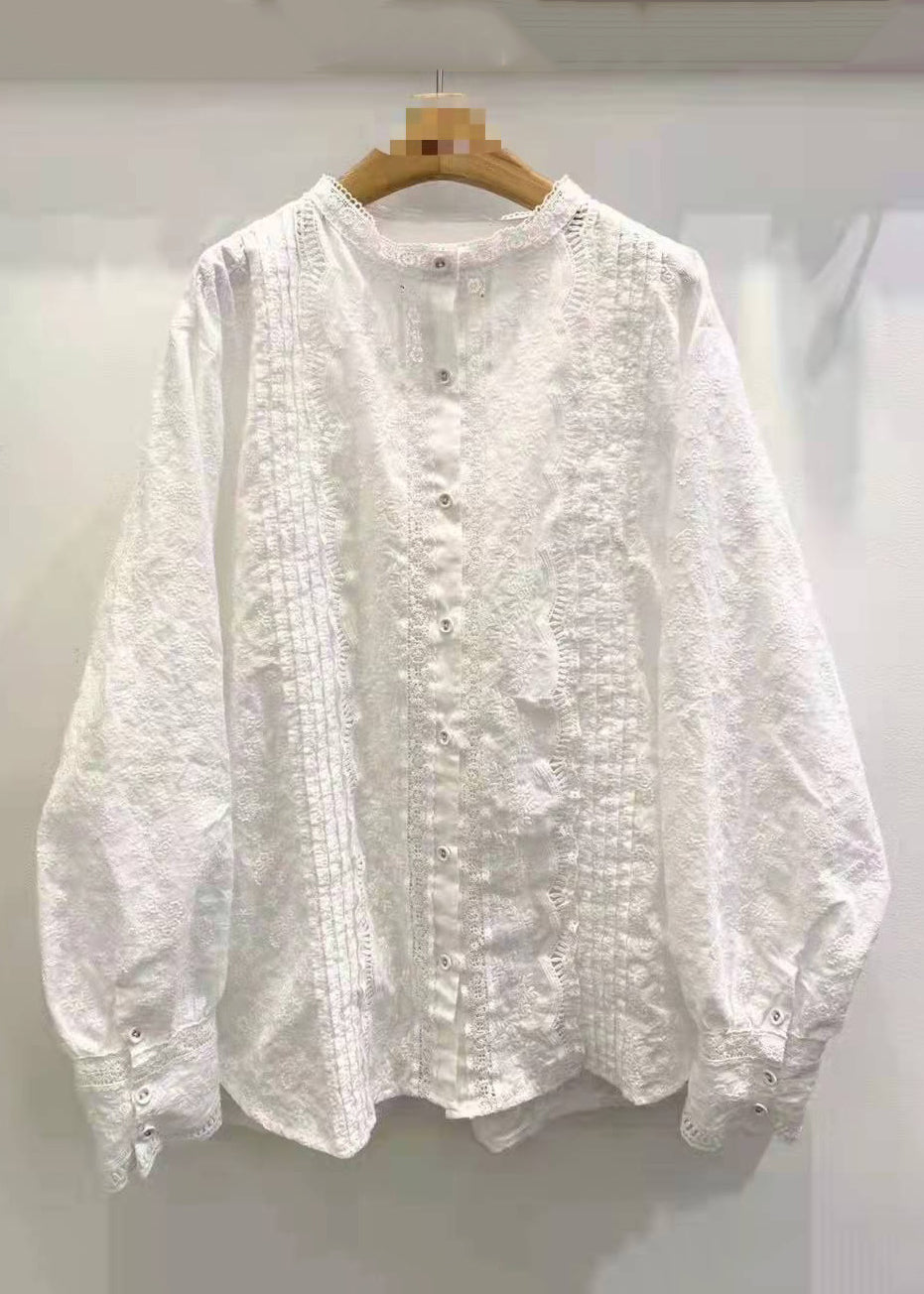 New Apricot O Neck Embroideried Button Cotton Shirt Spring
