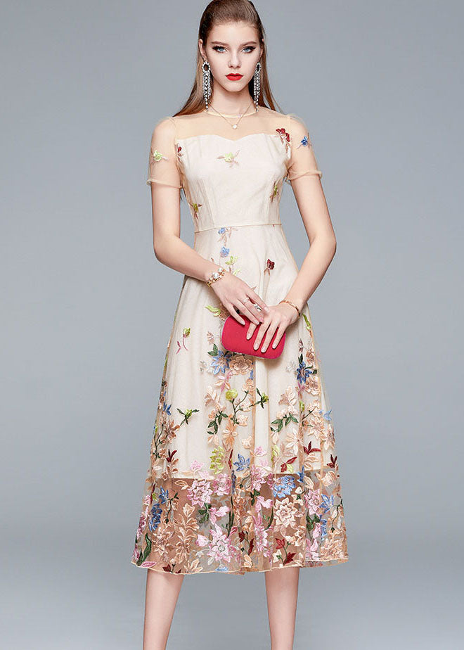 New Apricot O-Neck Embroideried Patchwork Tulle Long Dress Summer