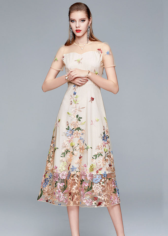 New Apricot O-Neck Embroideried Patchwork Tulle Long Dress Summer