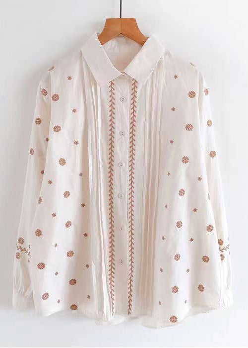 New Apricot Peter Pan Collar Embroideried Cotton Shirt Long Sleeve
