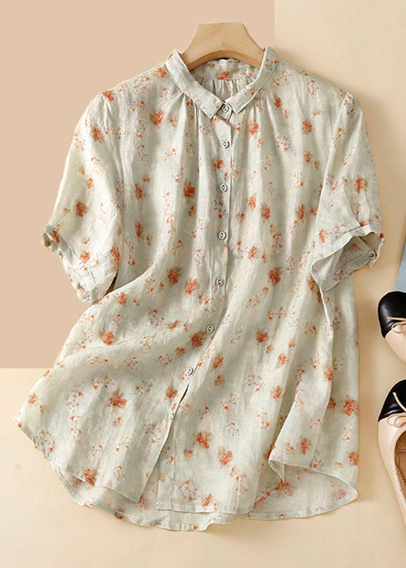New Apricot Peter Pan Collar Print Patchwork Linen Shirt Summer