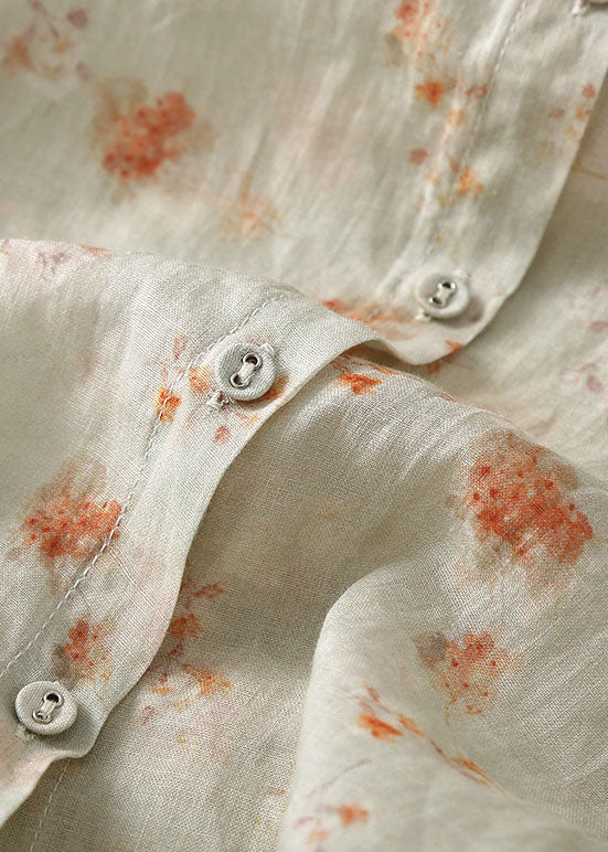 New Apricot Peter Pan Collar Print Patchwork Linen Shirt Summer