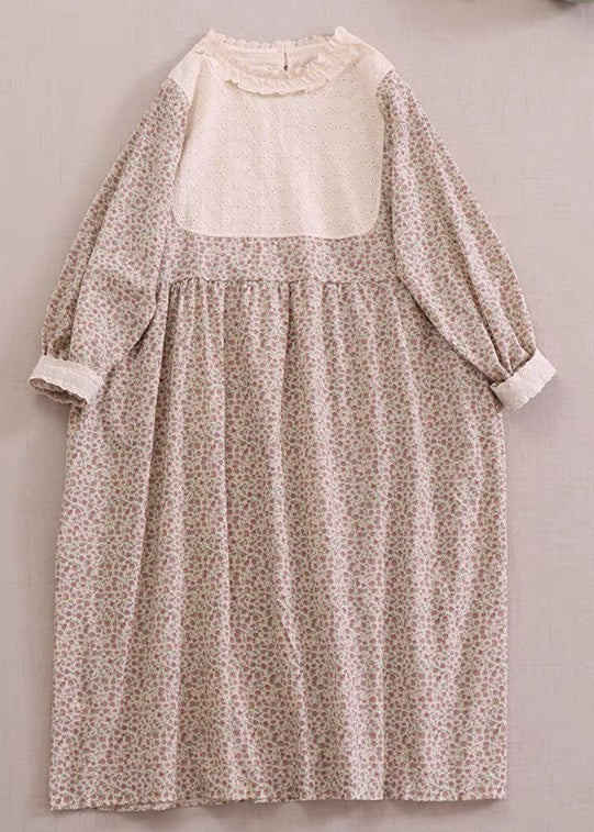 New Apricot Ruffled Print Hollow Out Cotton Long Dress Spring