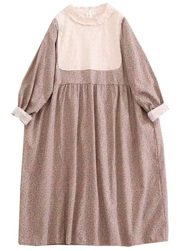 New Apricot Ruffled Print Hollow Out Cotton Long Dress Spring