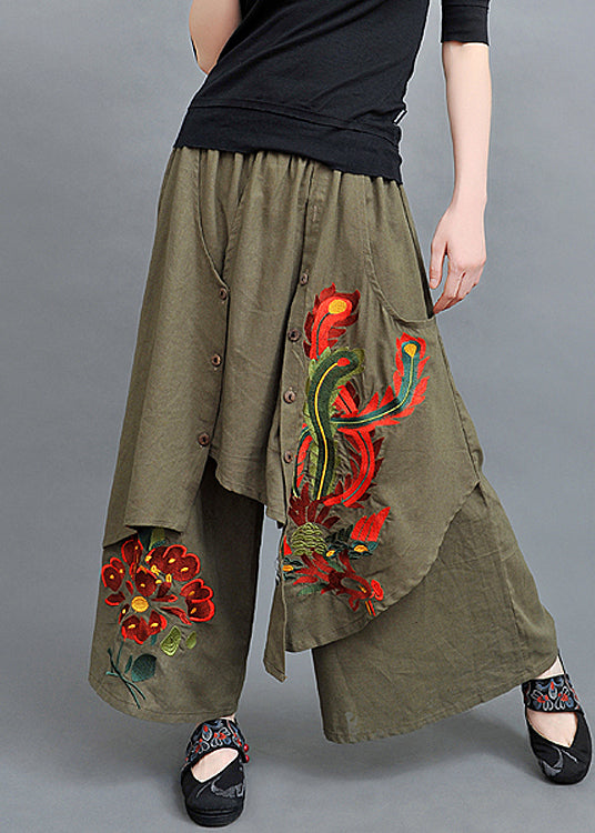 New Army Green Asymmetrical Embroidered Cotton Pants Skirt Spring