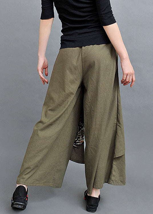 New Army Green Asymmetrical Embroidered Cotton Pants Skirt Spring