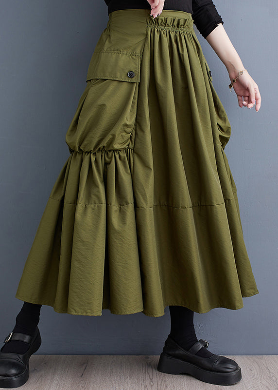 New Army Green Wrinkled Pockets Patchwork Cotton Skirts Fall