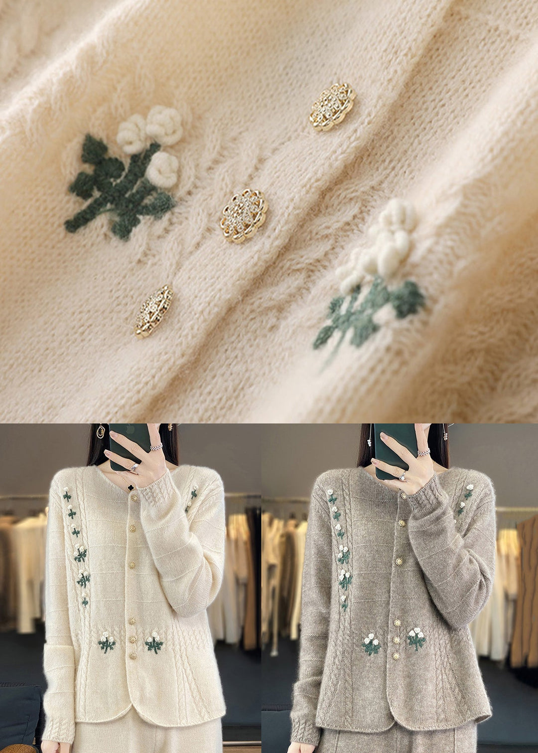 New Beige Embroideried Button Patchwork Cashmere Knit Coats Fall