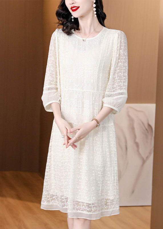 New Beige O Neck Embroidered Lace Dresses Bracelet Sleeve
