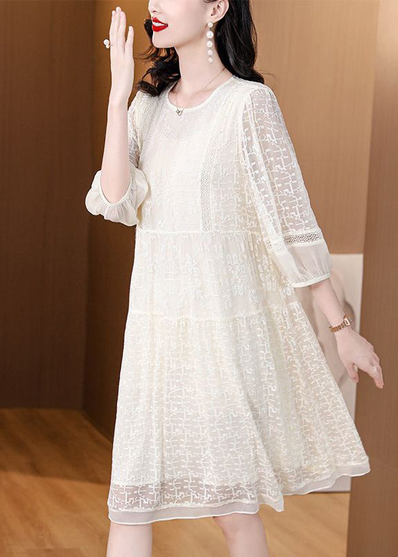 New Beige O Neck Embroidered Lace Dresses Bracelet Sleeve