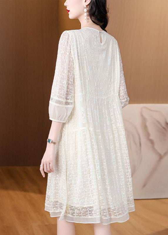 New Beige O Neck Embroidered Lace Dresses Bracelet Sleeve