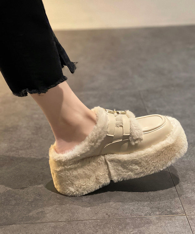 New Beige Splicing Platform Teddy Slide Sandals