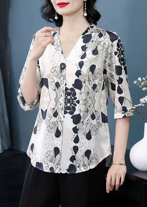 New Beige V Neck Print Patchwork Silk Tops Half Sleeve