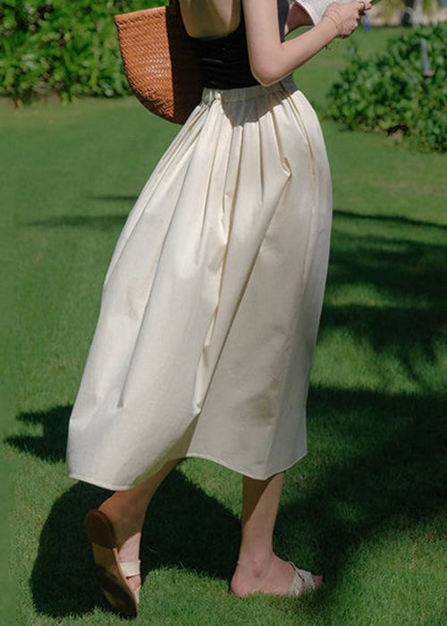 New Beige Wrinkled Pockets Patchwork Cotton Skirt Summer