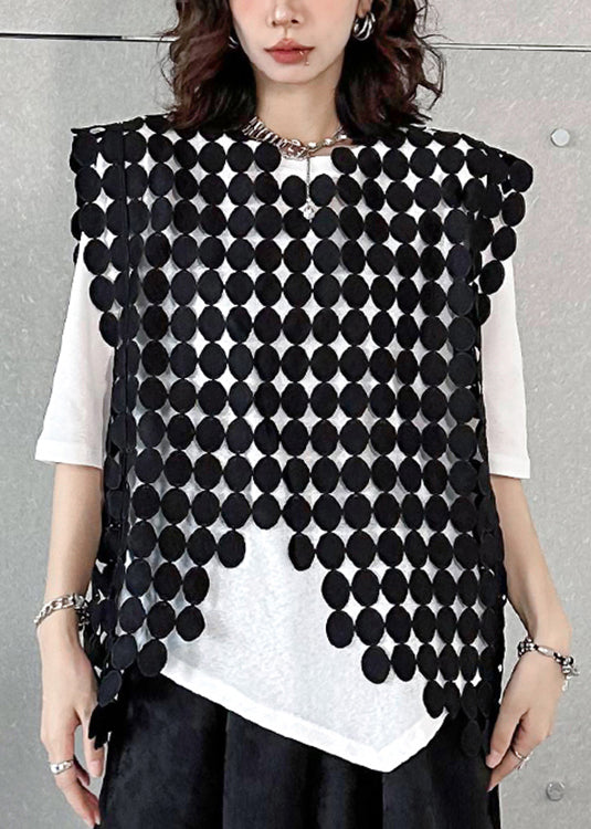 New Black Asymmetrical Hollow Out Patchwork Cotton Waistcoat Sleeveless