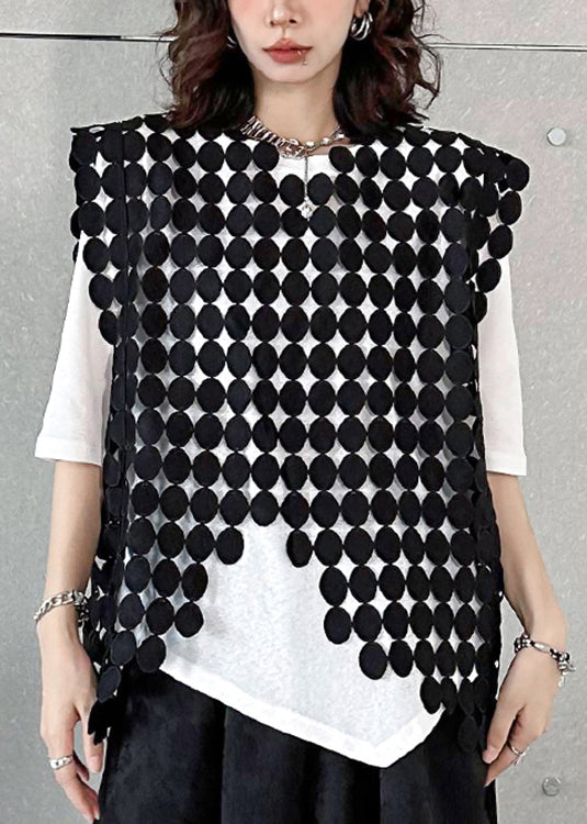 New Black Asymmetrical Hollow Out Patchwork Cotton Waistcoat Sleeveless - Omychic
