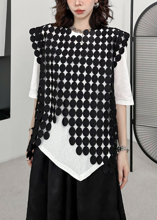 New Black Asymmetrical Hollow Out Patchwork Cotton Waistcoat Sleeveless - Omychic
