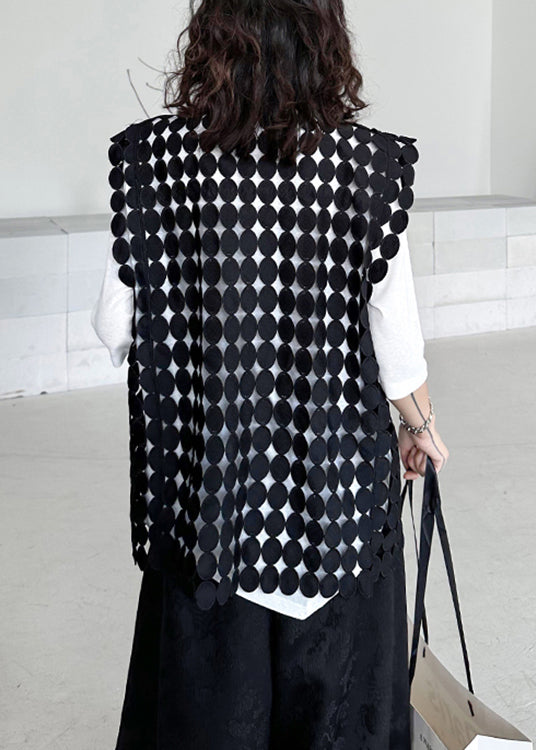 New Black Asymmetrical Hollow Out Patchwork Cotton Waistcoat Sleeveless - Omychic