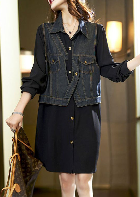 New Black Button Denim Patchwork False Two Pieces Shirt Dress Spring