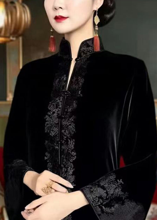 New Black Embroideried Button Fleece Long Dresses Flare Sleeve