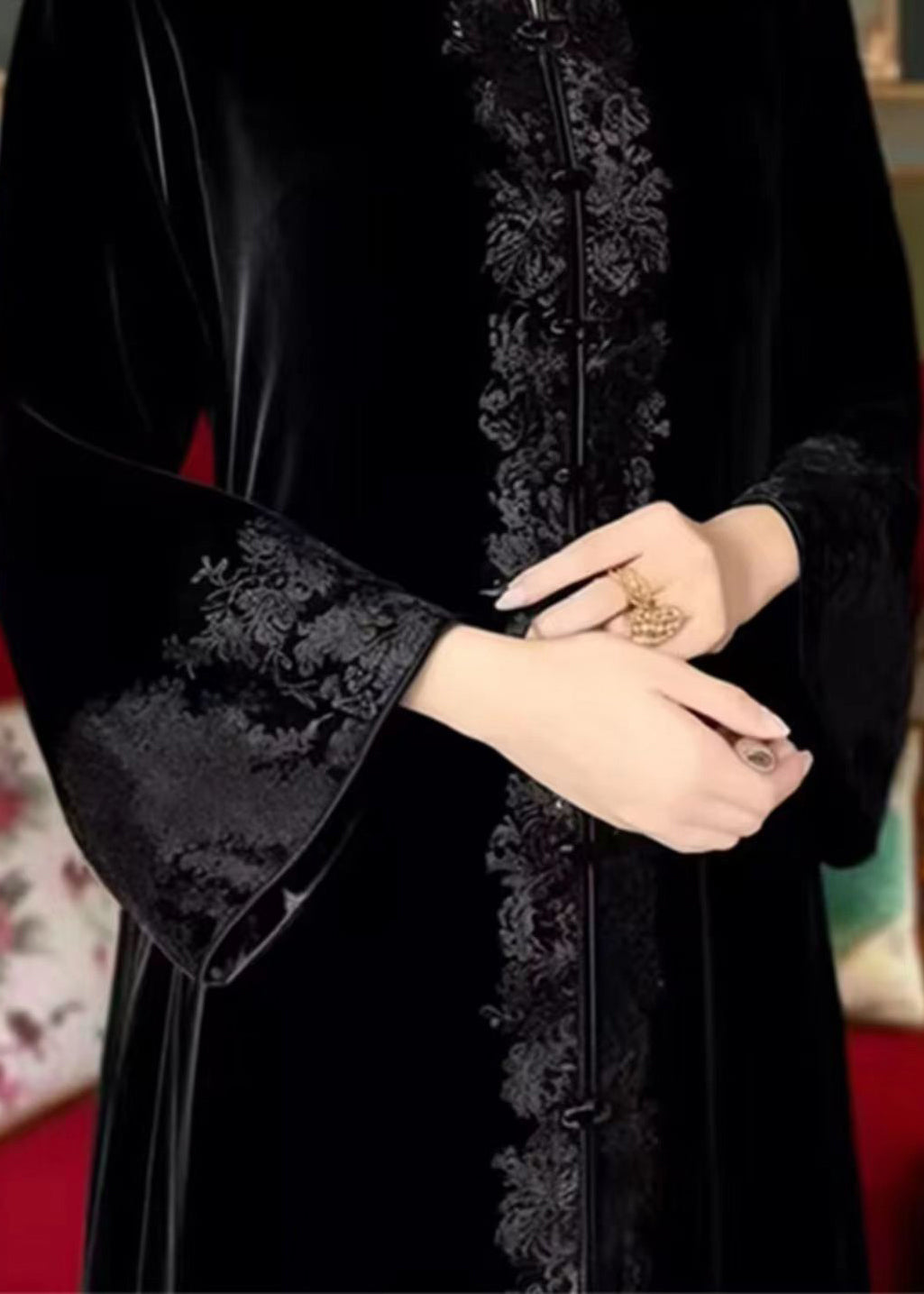 New Black Embroideried Button Fleece Long Dresses Flare Sleeve