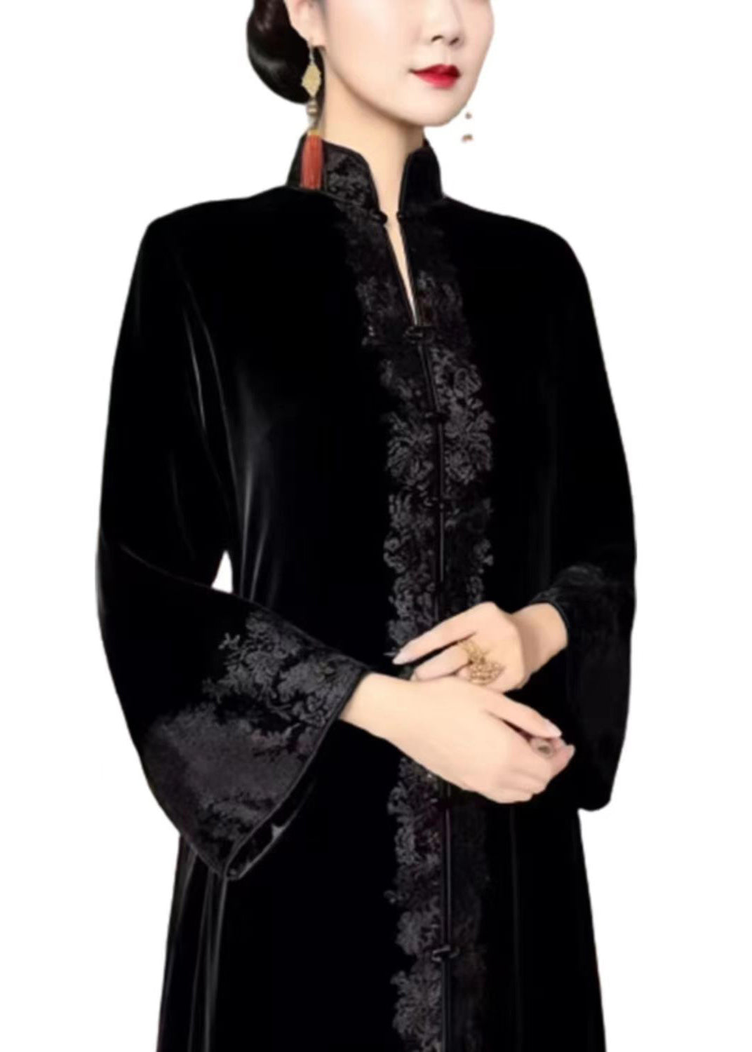 New Black Embroideried Button Fleece Long Dresses Flare Sleeve