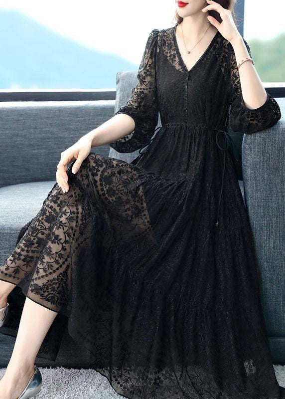 New Black Embroideried Nail Bead Lace Long Dress Half Sleeve