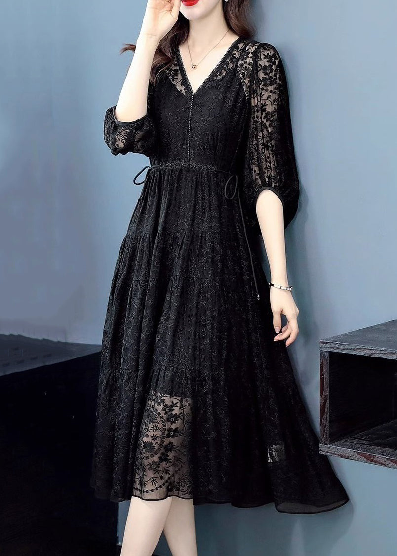 New Black Embroideried Nail Bead Lace Long Dress Half Sleeve