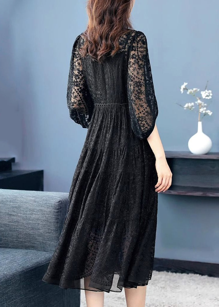 New Black Embroideried Nail Bead Lace Long Dress Half Sleeve