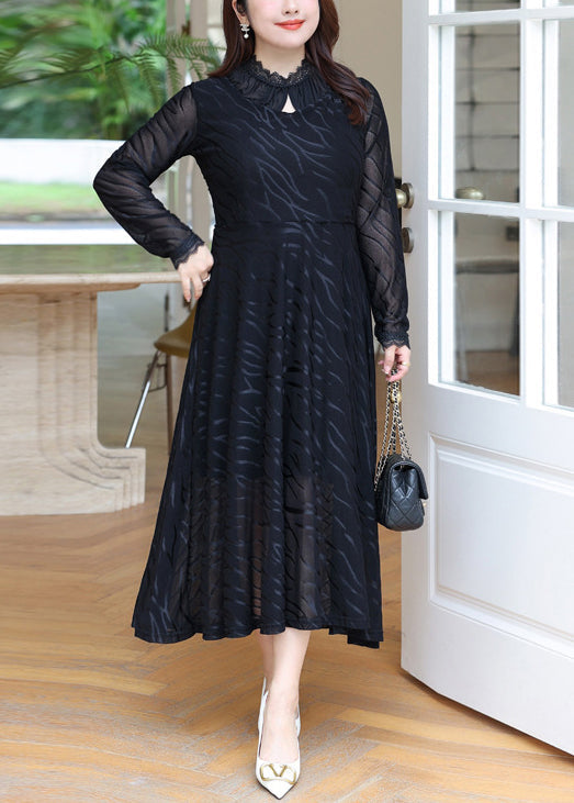 New Black Hollow Out Lace Patchwork Long Dress Long Sleeve