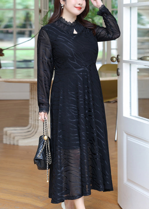 New Black Hollow Out Lace Patchwork Long Dress Long Sleeve