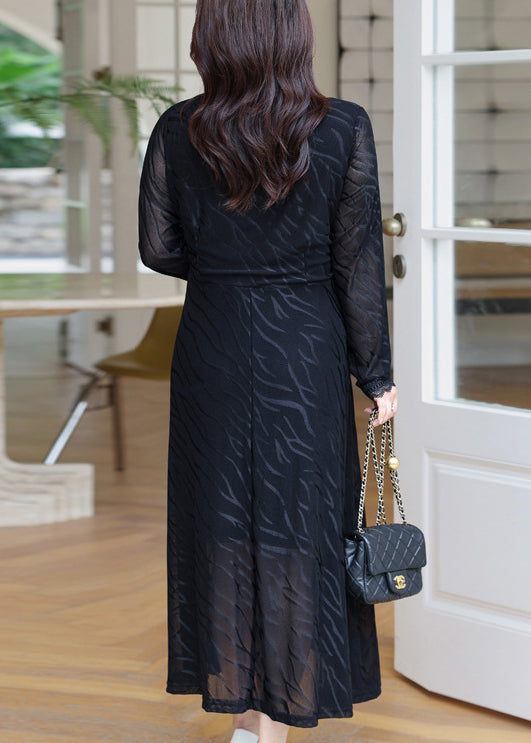 New Black Hollow Out Lace Patchwork Long Dress Long Sleeve