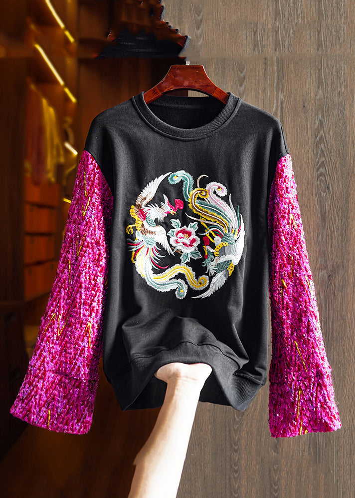 New Black O Neck Embroideried Patchwork Cotton Sweatshirts Fall