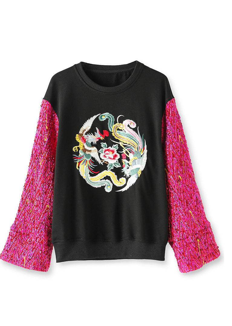 New Black O Neck Embroideried Patchwork Cotton Sweatshirts Fall