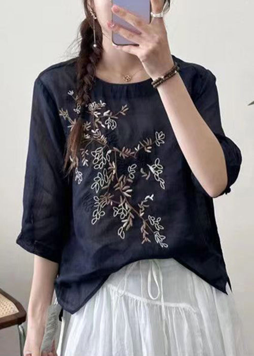 New Black O-Neck Embroideried Patchwork Cotton T Shirt Half Sleeve
