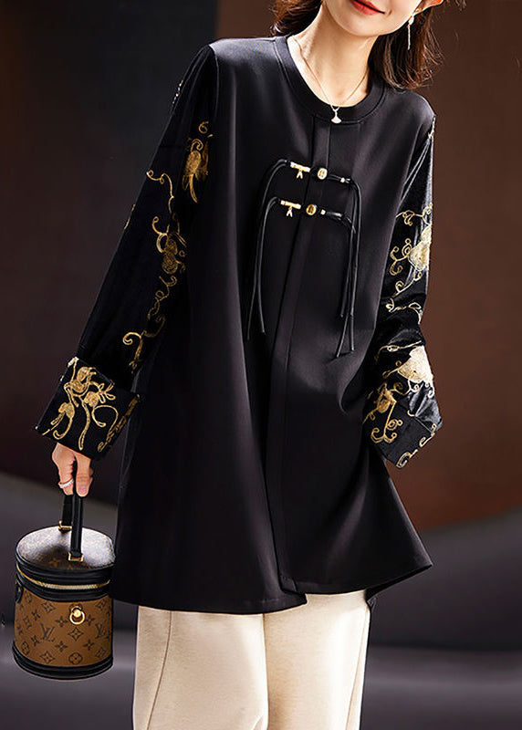 New Black O-Neck Printed Silk Velour Patchwork Top Long Sleeve