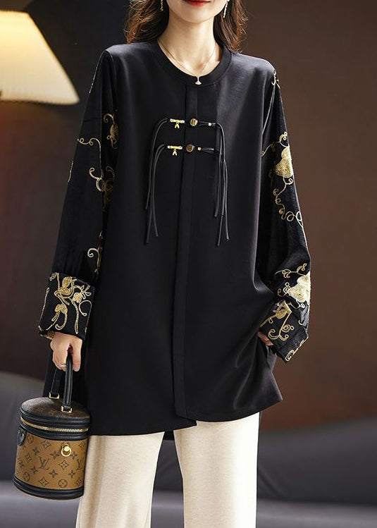 New Black O-Neck Printed Silk Velour Patchwork Top Long Sleeve