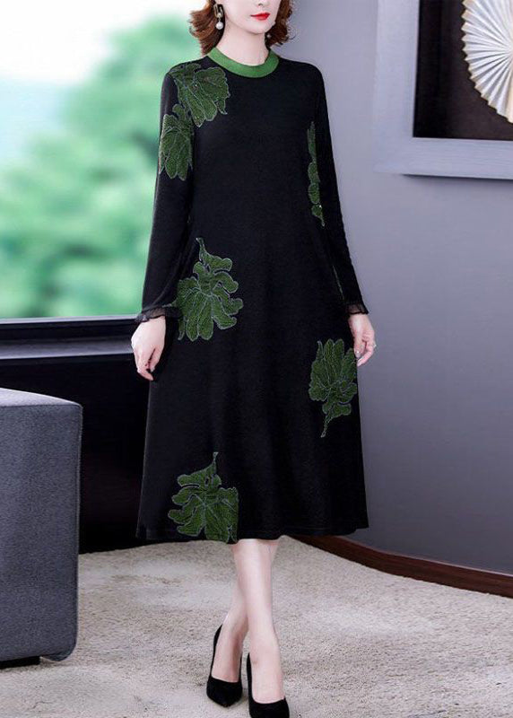 New Black O Neck Print Pockets Knitting Cotton Dresses Long Sleeve