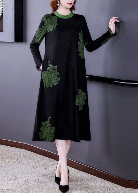 New Black O Neck Print Pockets Knitting Cotton Dresses Long Sleeve
