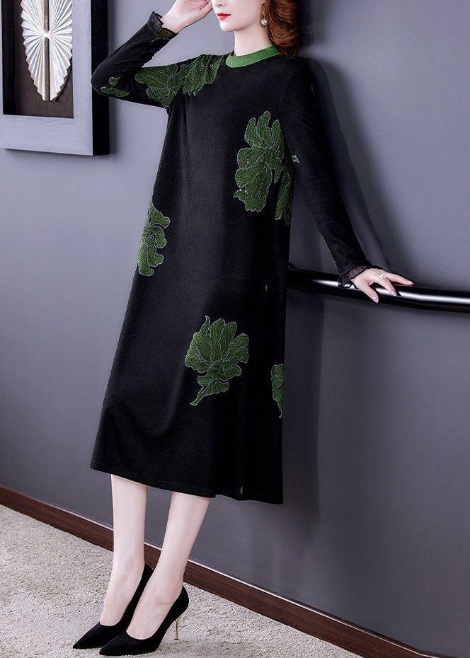 New Black O Neck Print Pockets Knitting Cotton Dresses Long Sleeve