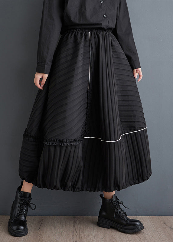 New Black Ruffled Pockets Elastic Waist Cotton Skirts Fall