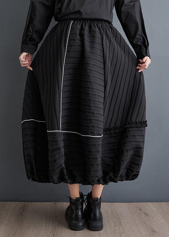 New Black Ruffled Pockets Elastic Waist Cotton Skirts Fall