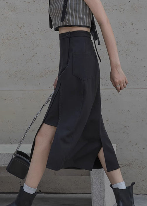 New Black Side Open High Waist Patchwork Cotton Skirts Summer