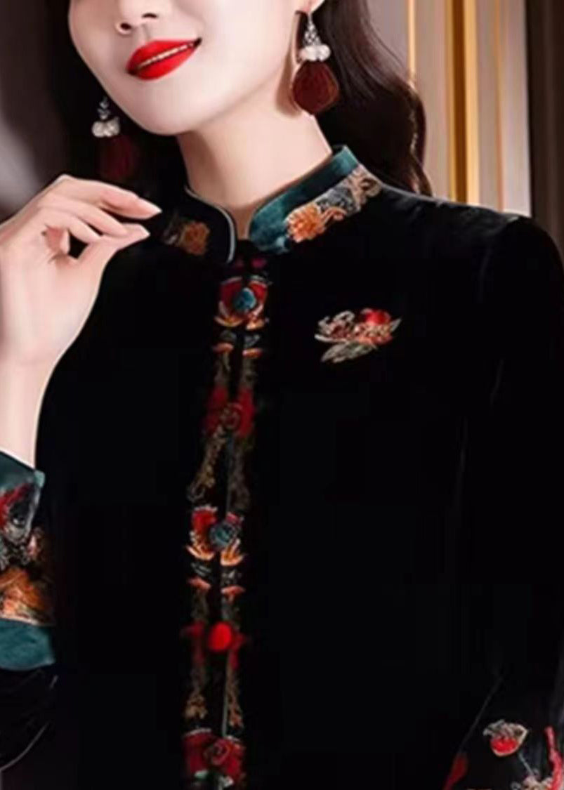 New Black Stand Collar Embroideried Button Silk Coats Fall