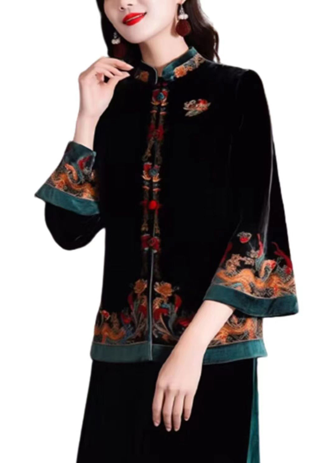 New Black Stand Collar Embroideried Button Silk Coats Fall