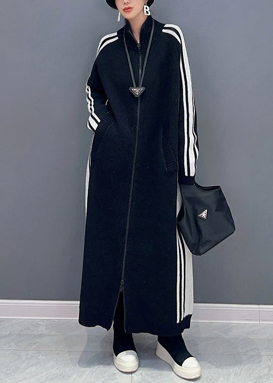 New Black Striped Zip Up Pockets Cotton Knit Long Dress Fall