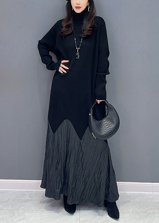 New Black Turtleneck Patchwork Cotton Long Dress Long Sleeve