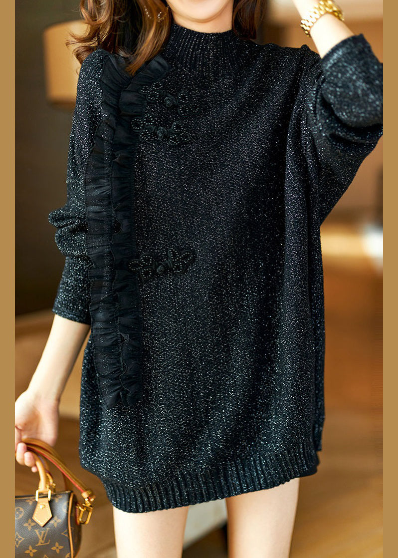 New Black Turtleneck Ruffled Patchwork Knit Shirt Long Sleeve